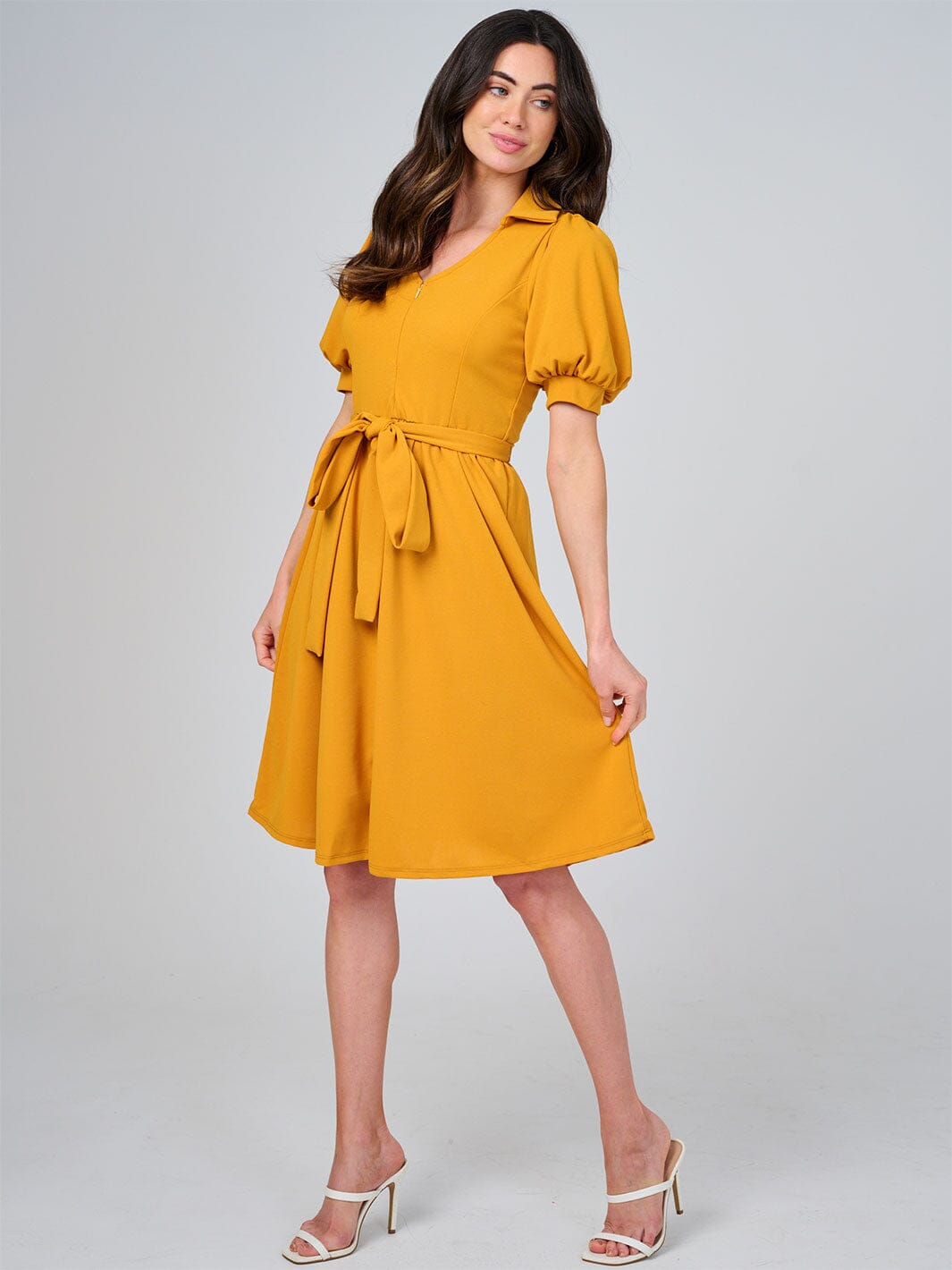 WOMEN'S SHORT SLEEVE ZIP UP ELASTIC WAIST SELF TIE MINI DRESS