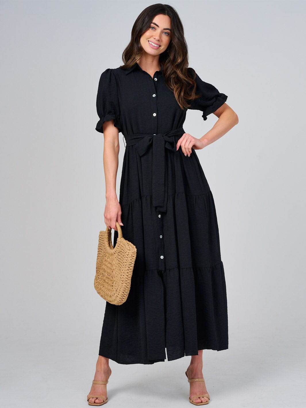 WOMEN'S SHORT SLEEVE BUTTON CLOSURE SELF TIE TIERED MAXI DRESS