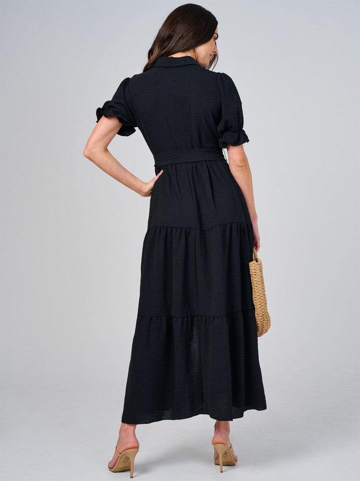 WOMEN'S SHORT SLEEVE BUTTON CLOSURE SELF TIE TIERED MAXI DRESS