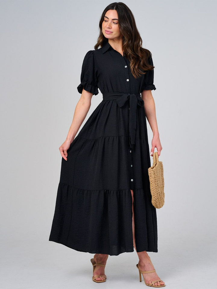 WOMEN'S SHORT SLEEVE BUTTON CLOSURE SELF TIE TIERED MAXI DRESS