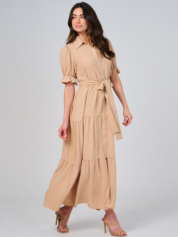 WOMEN'S SHORT SLEEVE BUTTON CLOSURE SELF TIE TIERED MAXI DRESS
