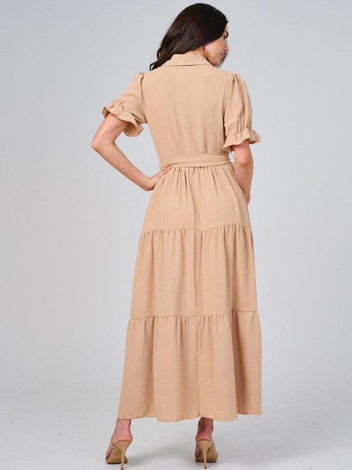 WOMEN'S SHORT SLEEVE BUTTON CLOSURE SELF TIE TIERED MAXI DRESS