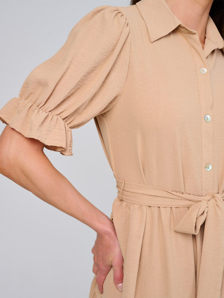 WOMEN'S SHORT SLEEVE BUTTON CLOSURE SELF TIE TIERED MAXI DRESS