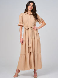 WOMEN'S SHORT SLEEVE BUTTON CLOSURE SELF TIE TIERED MAXI DRESS