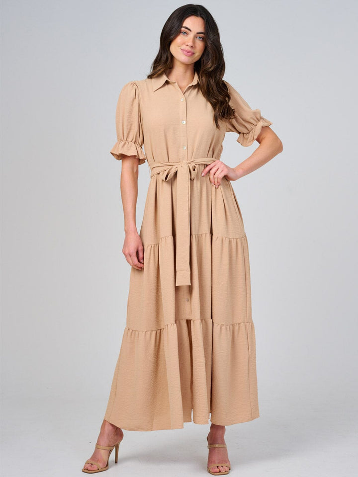 WOMEN'S SHORT SLEEVE BUTTON CLOSURE SELF TIE TIERED MAXI DRESS