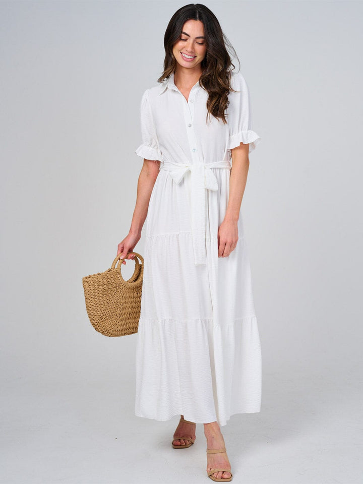 WOMEN'S SHORT SLEEVE BUTTON CLOSURE SELF TIE TIERED MAXI DRESS