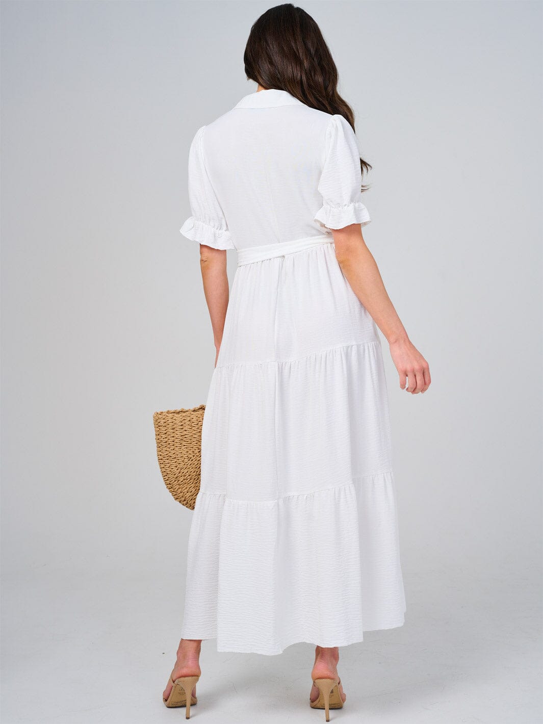 WOMEN'S SHORT SLEEVE BUTTON CLOSURE SELF TIE TIERED MAXI DRESS