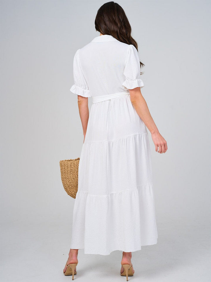 WOMEN'S SHORT SLEEVE BUTTON CLOSURE SELF TIE TIERED MAXI DRESS