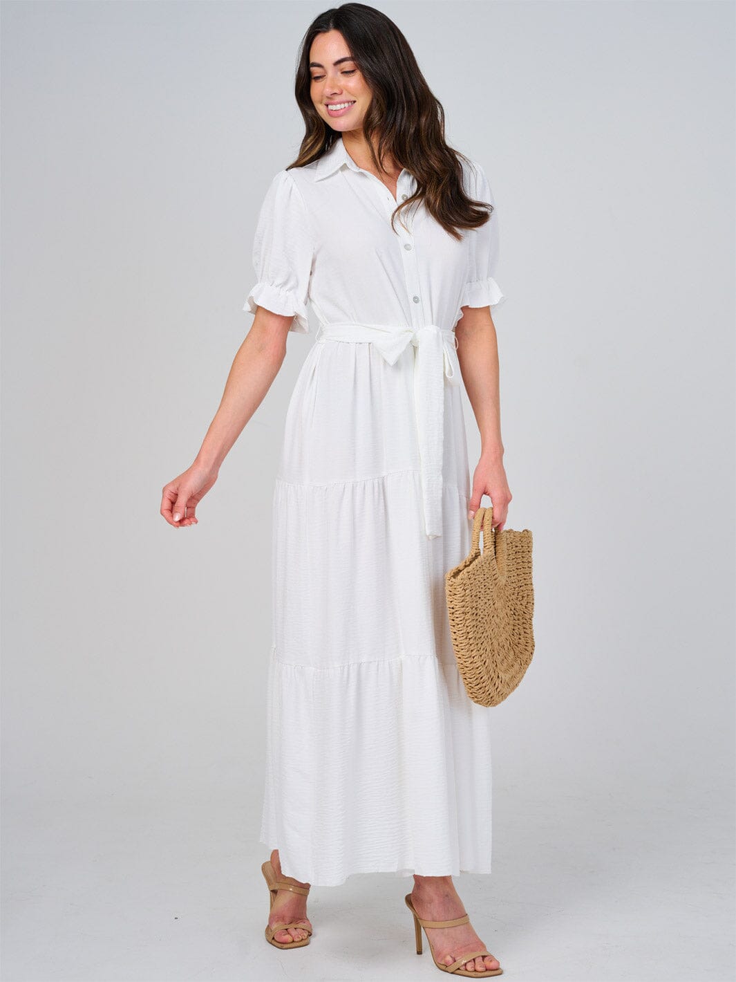 WOMEN'S SHORT SLEEVE BUTTON CLOSURE SELF TIE TIERED MAXI DRESS