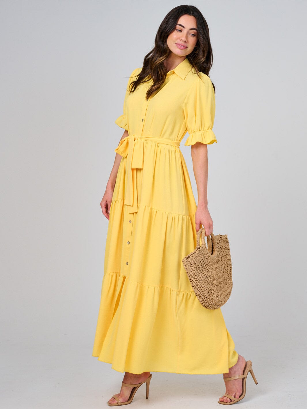 WOMEN'S SHORT SLEEVE BUTTON CLOSURE SELF TIE TIERED MAXI DRESS