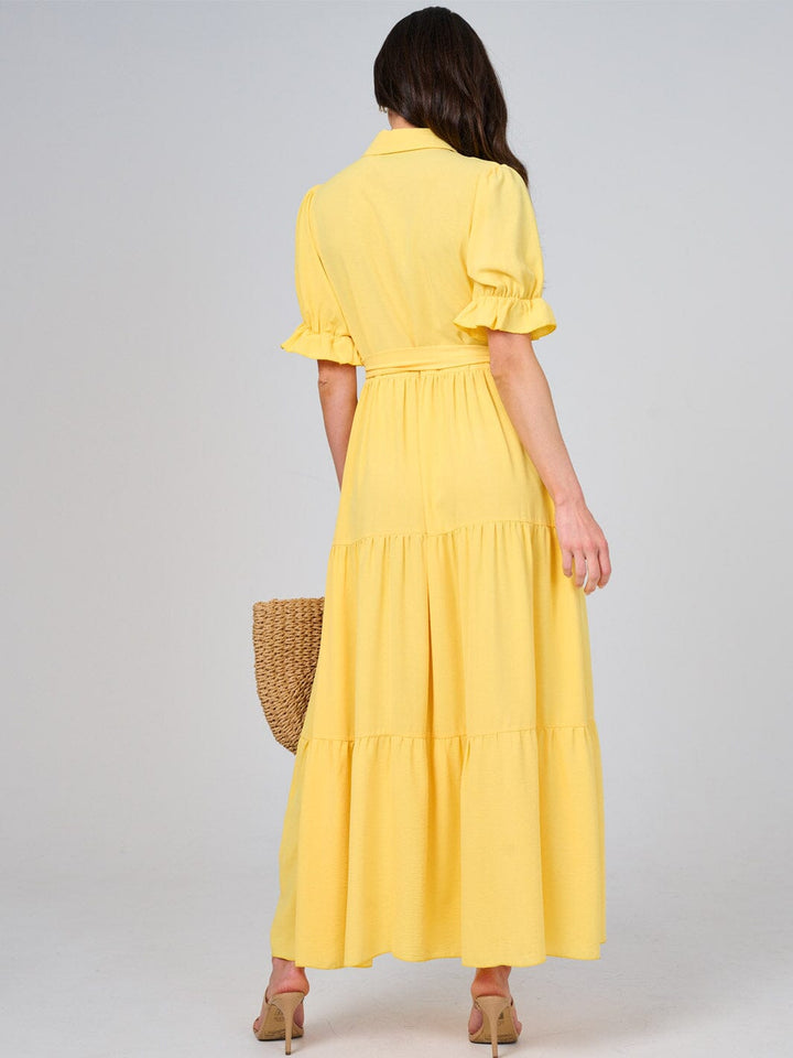 WOMEN'S SHORT SLEEVE BUTTON CLOSURE SELF TIE TIERED MAXI DRESS
