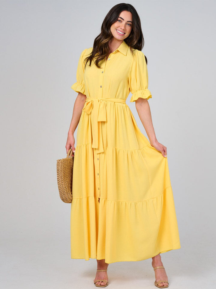 WOMEN'S SHORT SLEEVE BUTTON CLOSURE SELF TIE TIERED MAXI DRESS