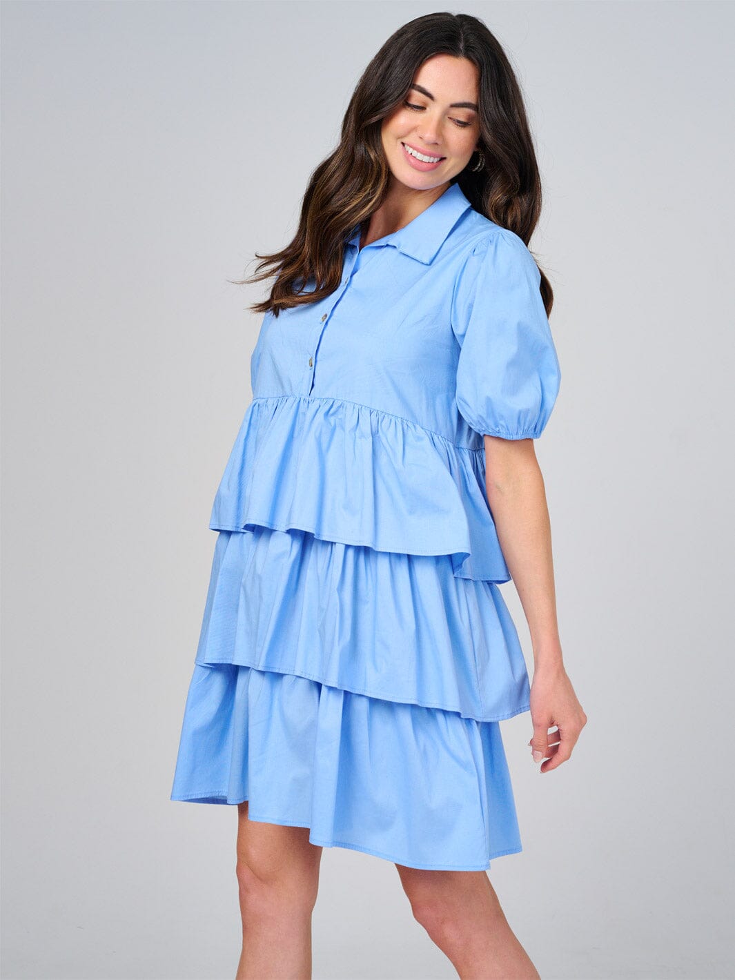 WOMEN'S SHORT SLEEVE BUTTON CLOSURE RUFFLE TIERED MINI DRESS