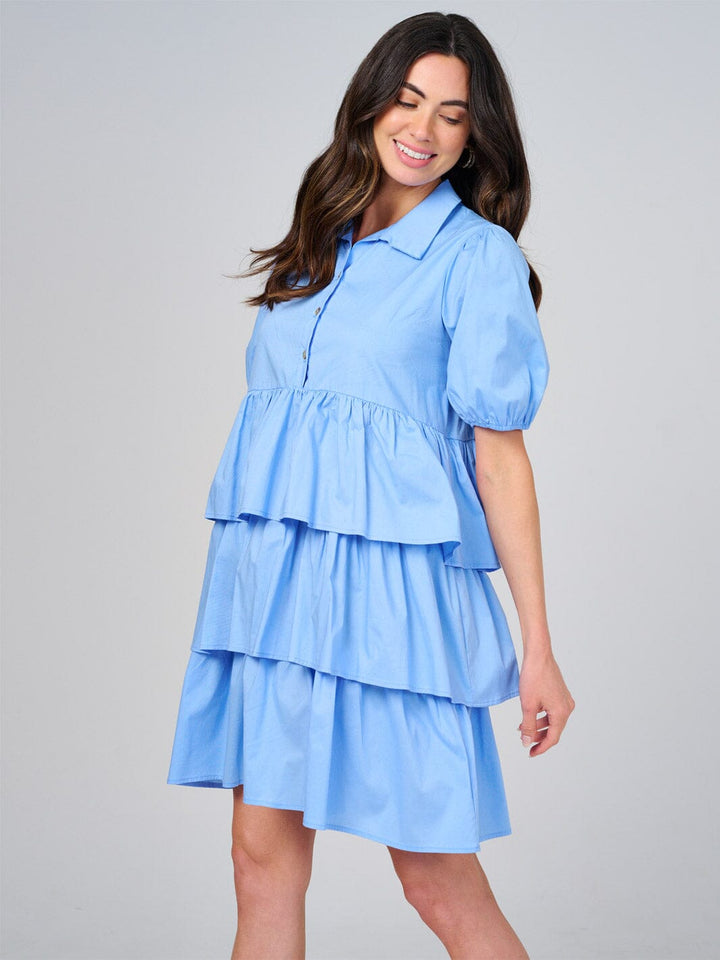 WOMEN'S SHORT SLEEVE BUTTON CLOSURE RUFFLE TIERED MINI DRESS