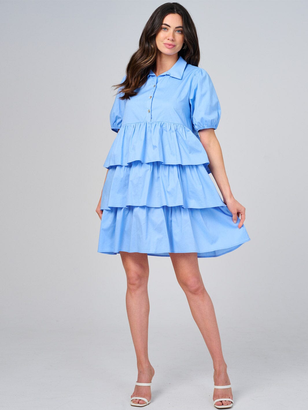 WOMEN'S SHORT SLEEVE BUTTON CLOSURE RUFFLE TIERED MINI DRESS