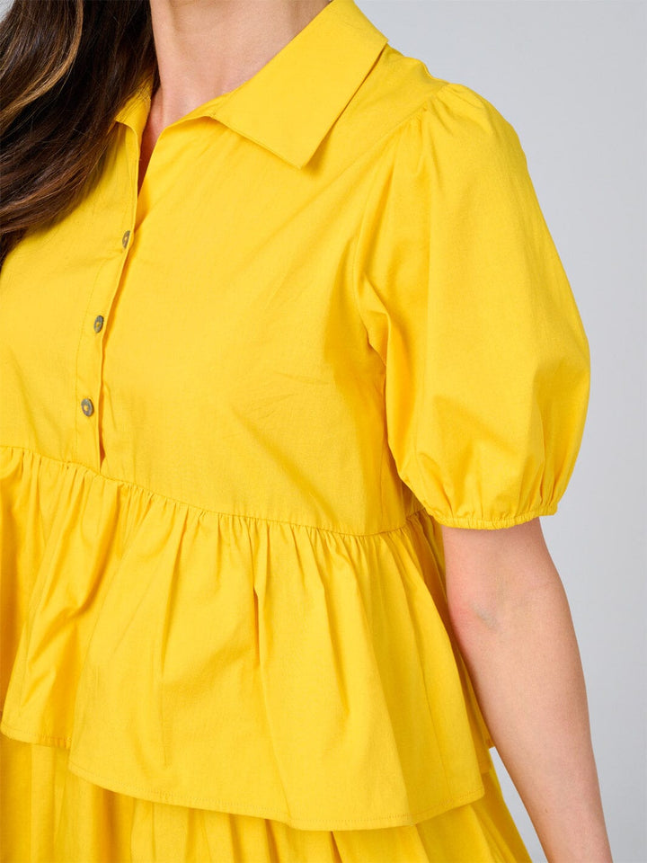 WOMEN'S SHORT SLEEVE BUTTON CLOSURE RUFFLE TIERED MINI DRESS
