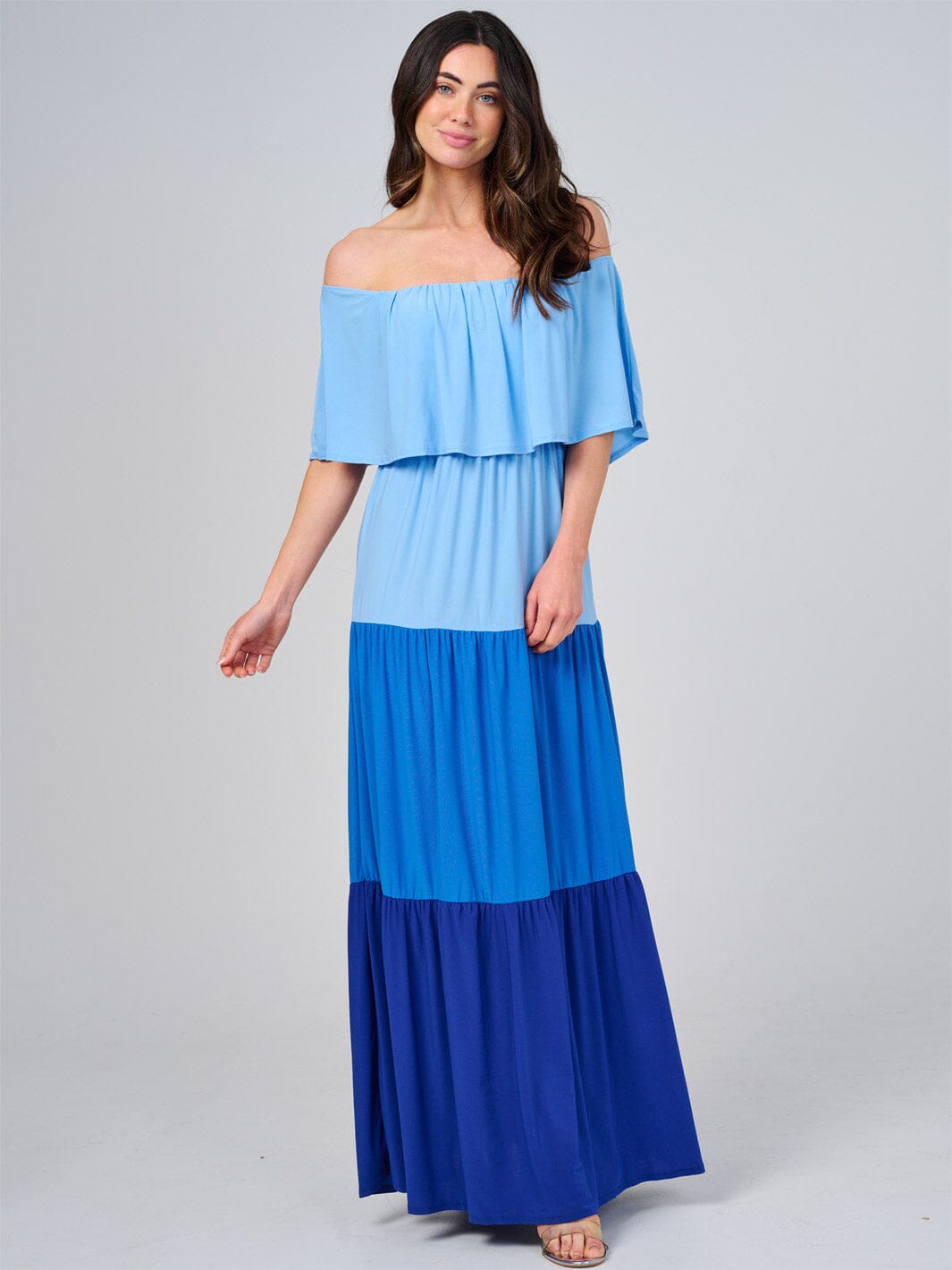WOMEN'S OFF SHOULDER ELASTIC WAIST COLORBLOCK TIERED MAXI DRESS