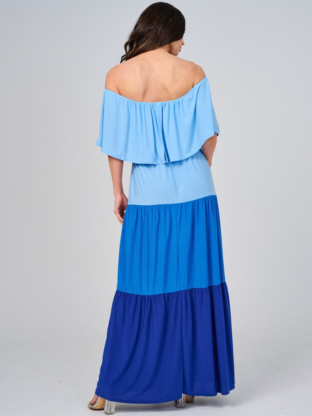 WOMEN'S OFF SHOULDER ELASTIC WAIST COLORBLOCK TIERED MAXI DRESS