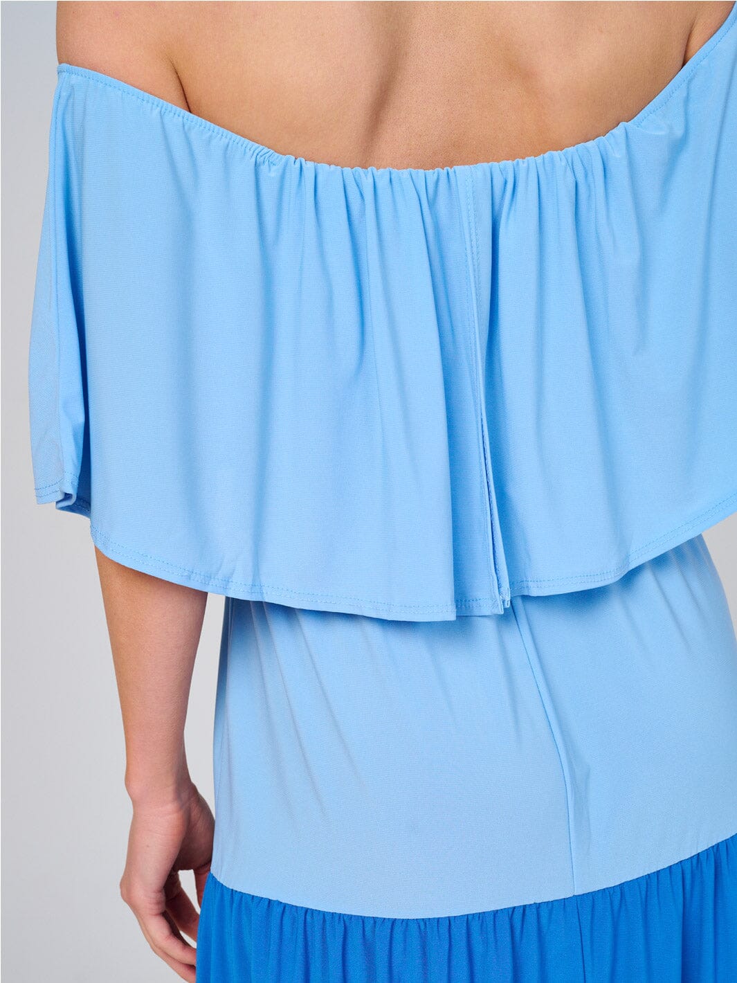 WOMEN'S OFF SHOULDER ELASTIC WAIST COLORBLOCK TIERED MAXI DRESS