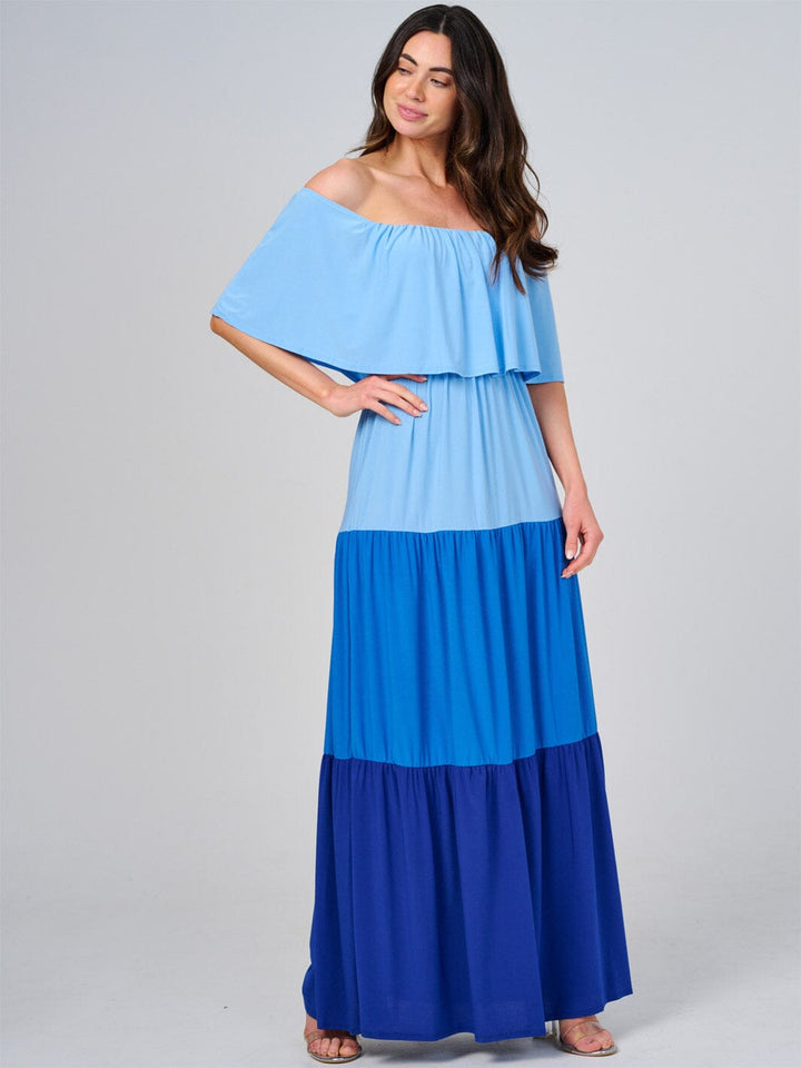 WOMEN'S OFF SHOULDER ELASTIC WAIST COLORBLOCK TIERED MAXI DRESS