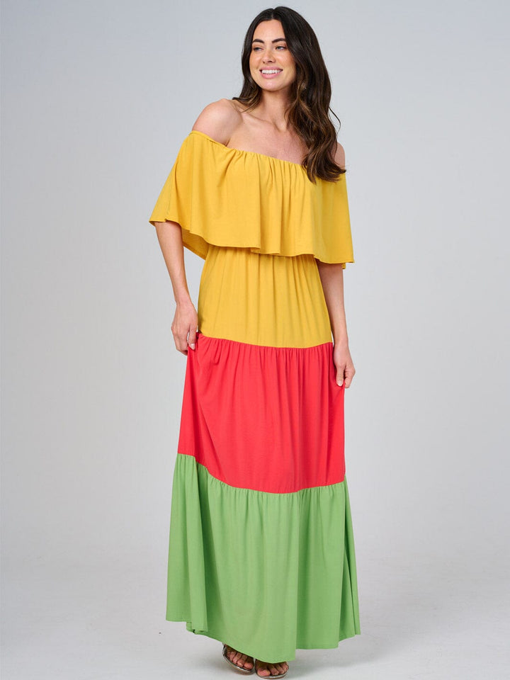 WOMEN'S OFF SHOULDER ELASTIC WAIST COLORBLOCK TIERED MAXI DRESS
