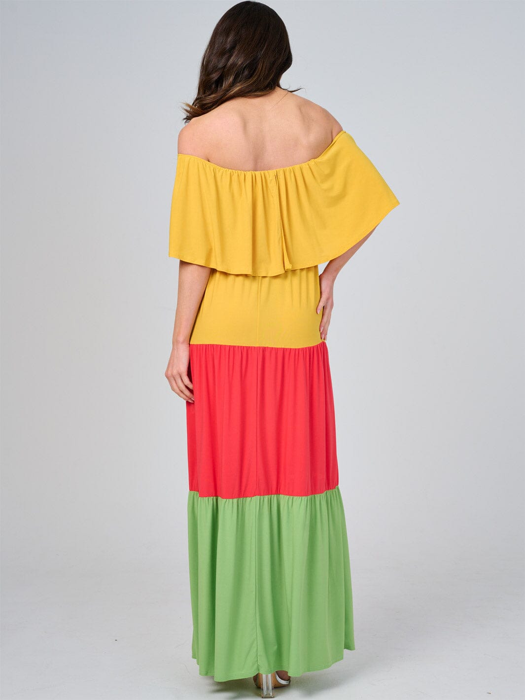 WOMEN'S OFF SHOULDER ELASTIC WAIST COLORBLOCK TIERED MAXI DRESS