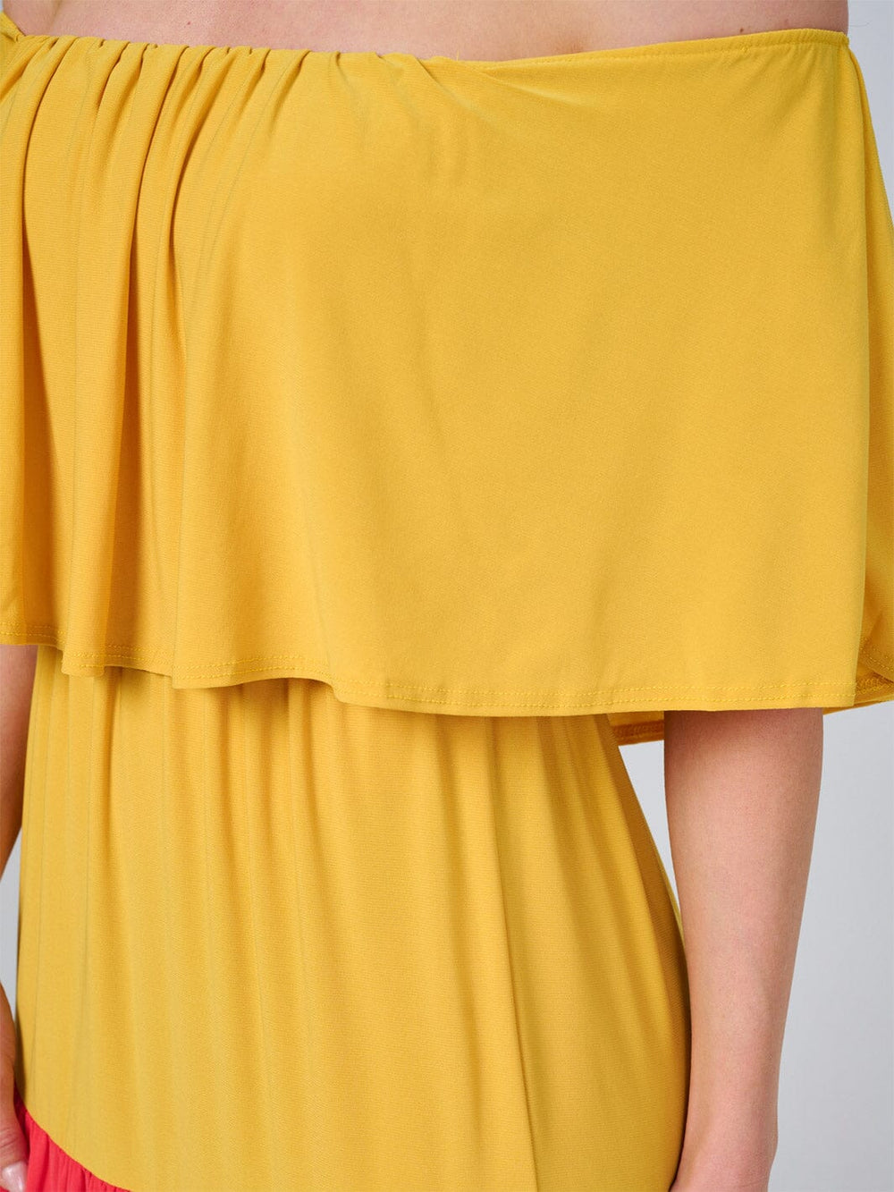 WOMEN'S OFF SHOULDER ELASTIC WAIST COLORBLOCK TIERED MAXI DRESS