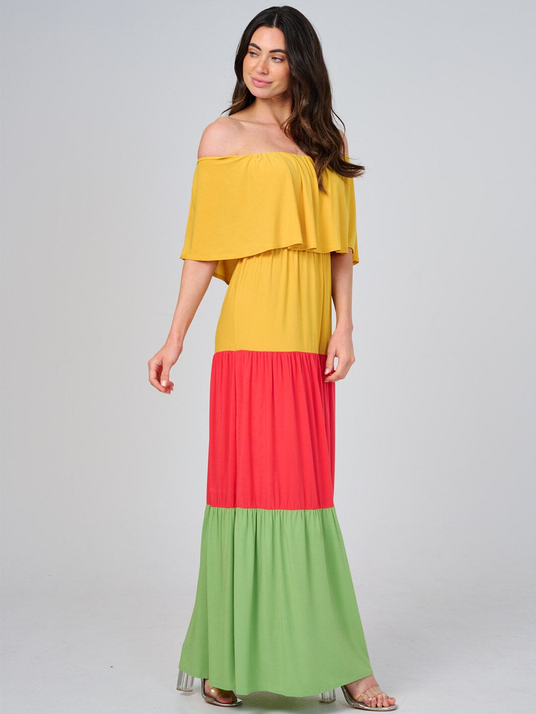 WOMEN'S OFF SHOULDER ELASTIC WAIST COLORBLOCK TIERED MAXI DRESS