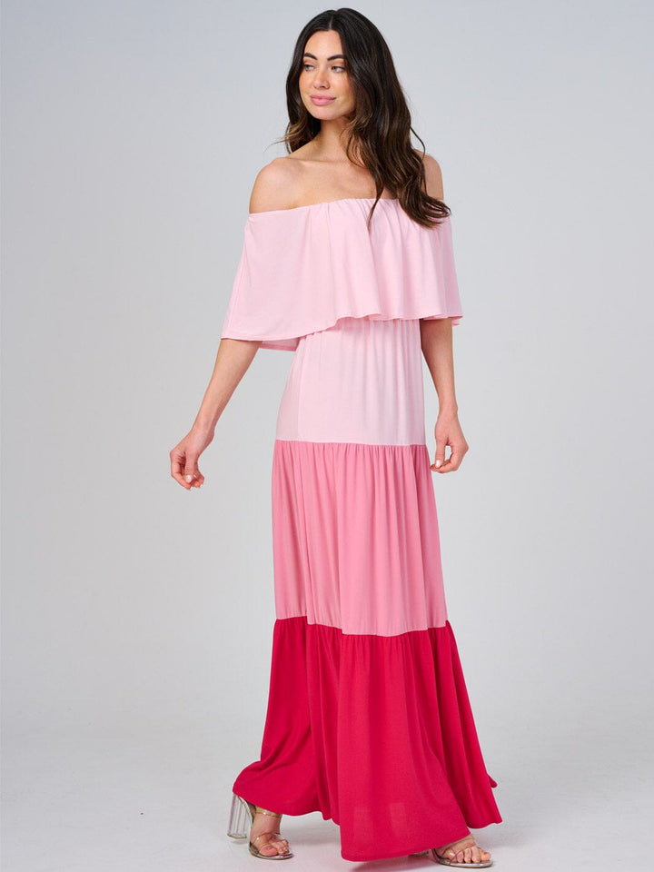 WOMEN'S OFF SHOULDER ELASTIC WAIST COLORBLOCK TIERED MAXI DRESS
