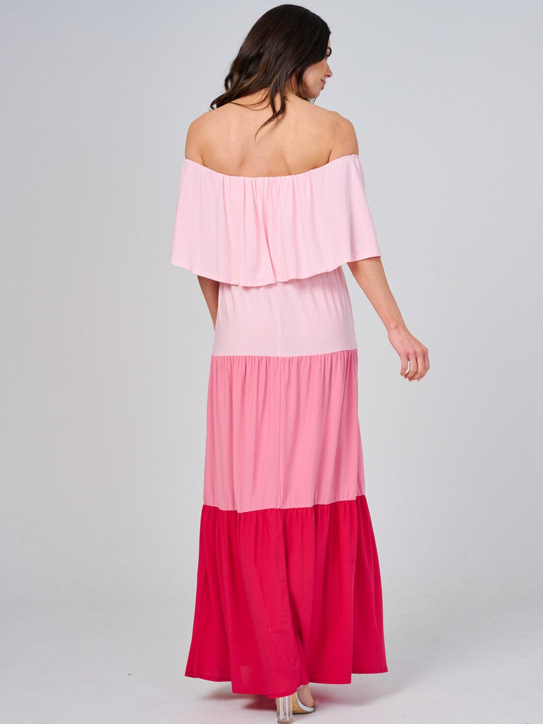 WOMEN'S OFF SHOULDER ELASTIC WAIST COLORBLOCK TIERED MAXI DRESS