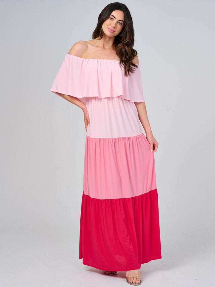 WOMEN'S OFF SHOULDER ELASTIC WAIST COLORBLOCK TIERED MAXI DRESS