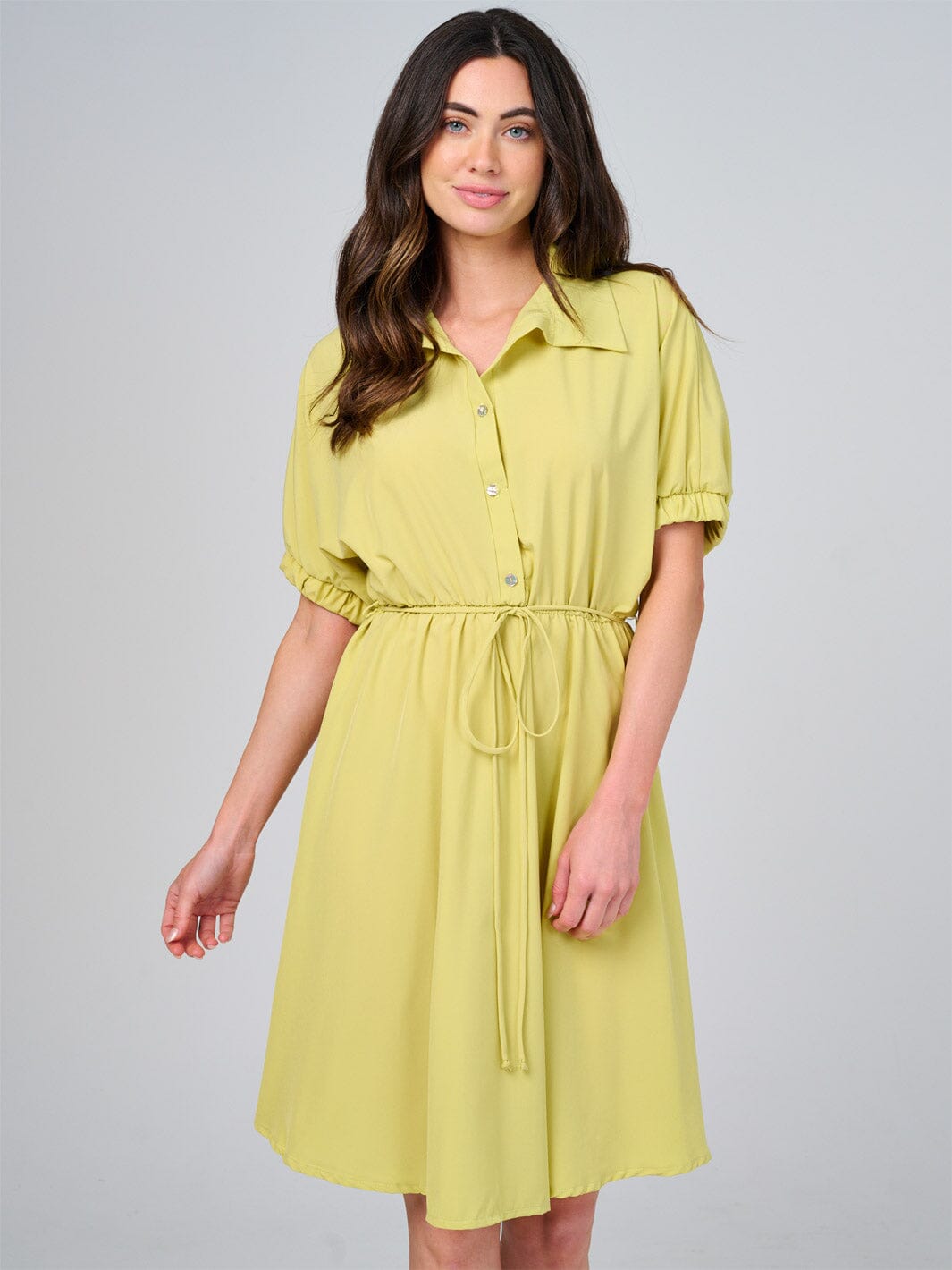 WOMEN'S SHORT SLEEVE BUTTON UP ELASTIC WAIST SELF TIE MINI DRESS