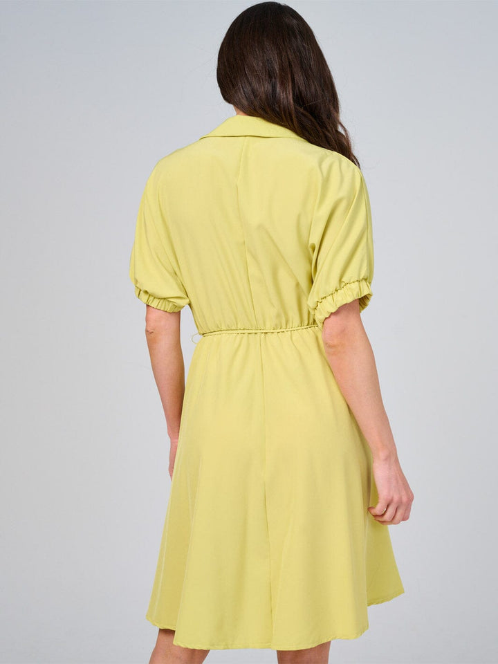 WOMEN'S SHORT SLEEVE BUTTON UP ELASTIC WAIST SELF TIE MINI DRESS