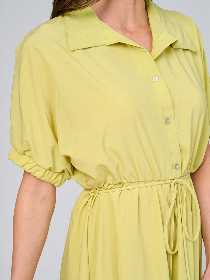 WOMEN'S SHORT SLEEVE BUTTON UP ELASTIC WAIST SELF TIE MINI DRESS