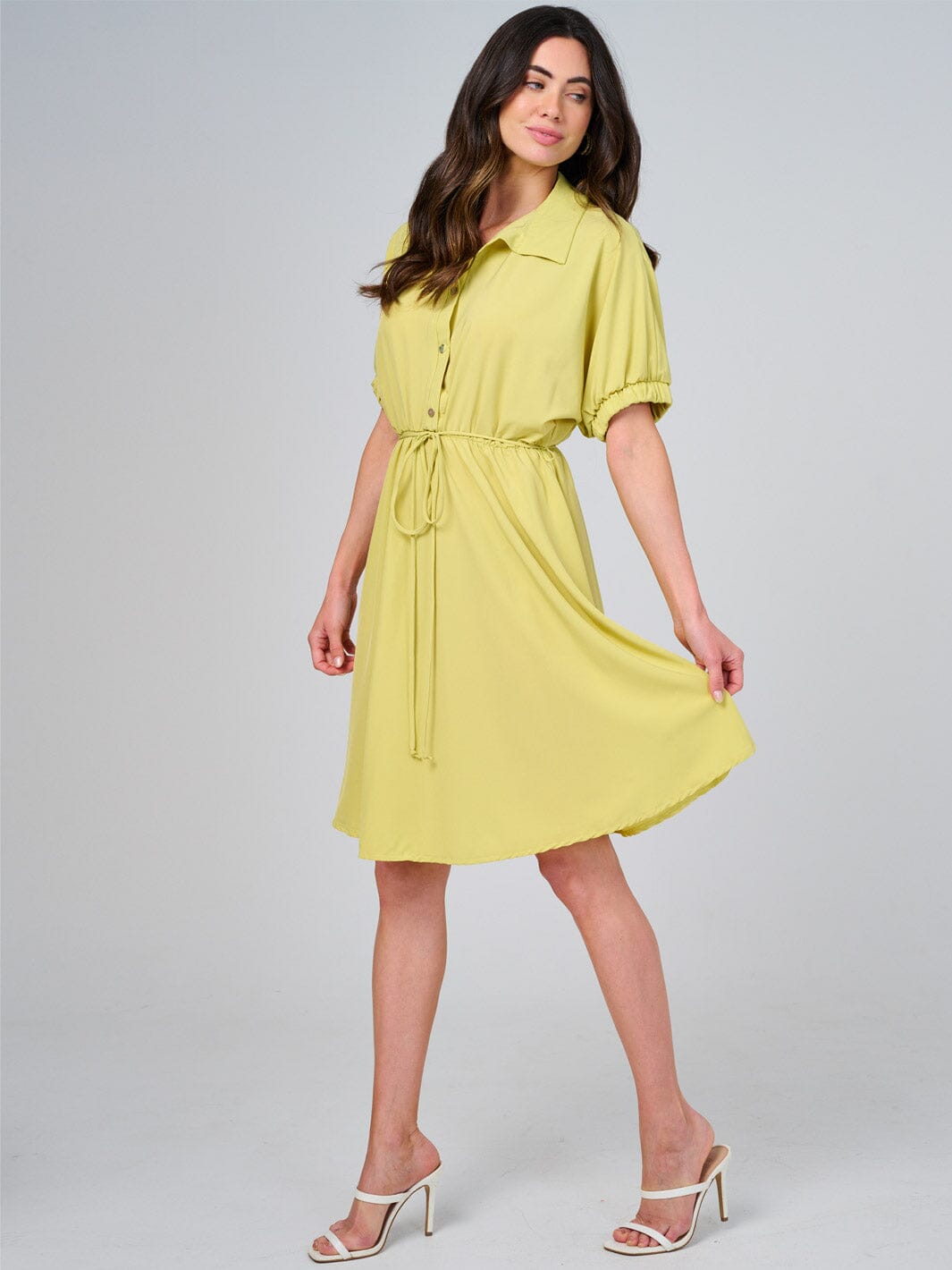 WOMEN'S SHORT SLEEVE BUTTON UP ELASTIC WAIST SELF TIE MINI DRESS