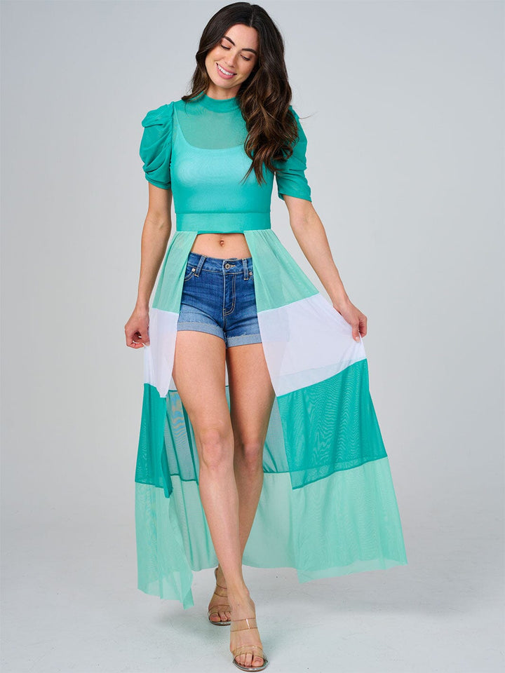 WOMEN'S SHORT SLEEVE COLORBLOCK HIGH-LOW SHEER TOP