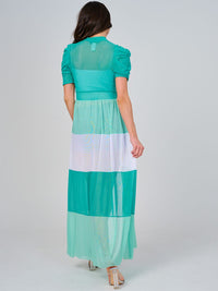 WOMEN'S SHORT SLEEVE COLORBLOCK HIGH-LOW SHEER TOP