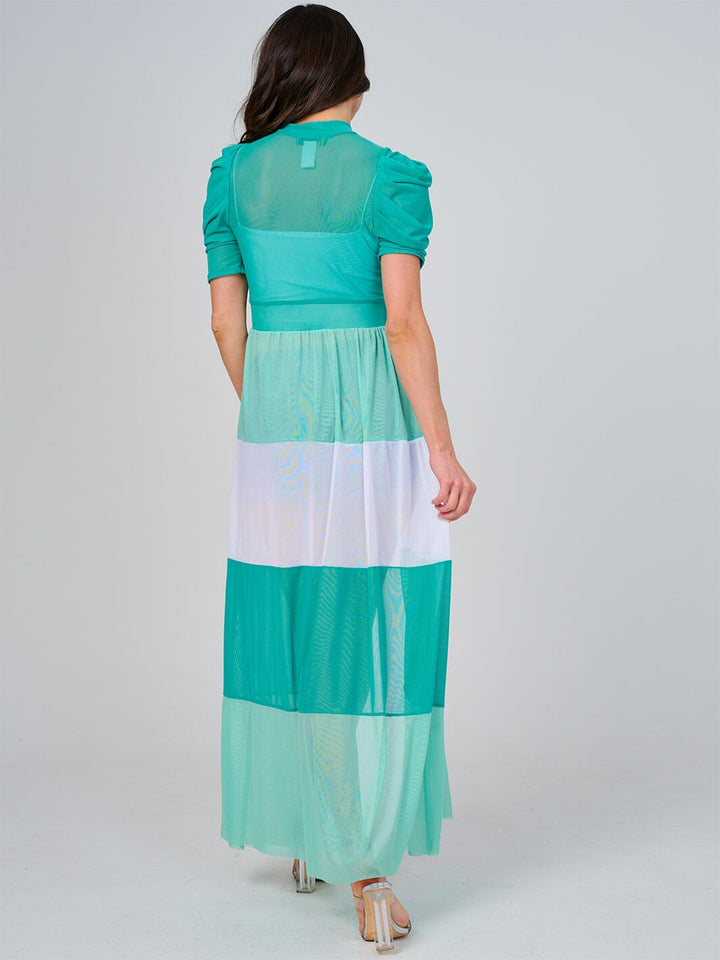 WOMEN'S SHORT SLEEVE COLORBLOCK HIGH-LOW SHEER TOP