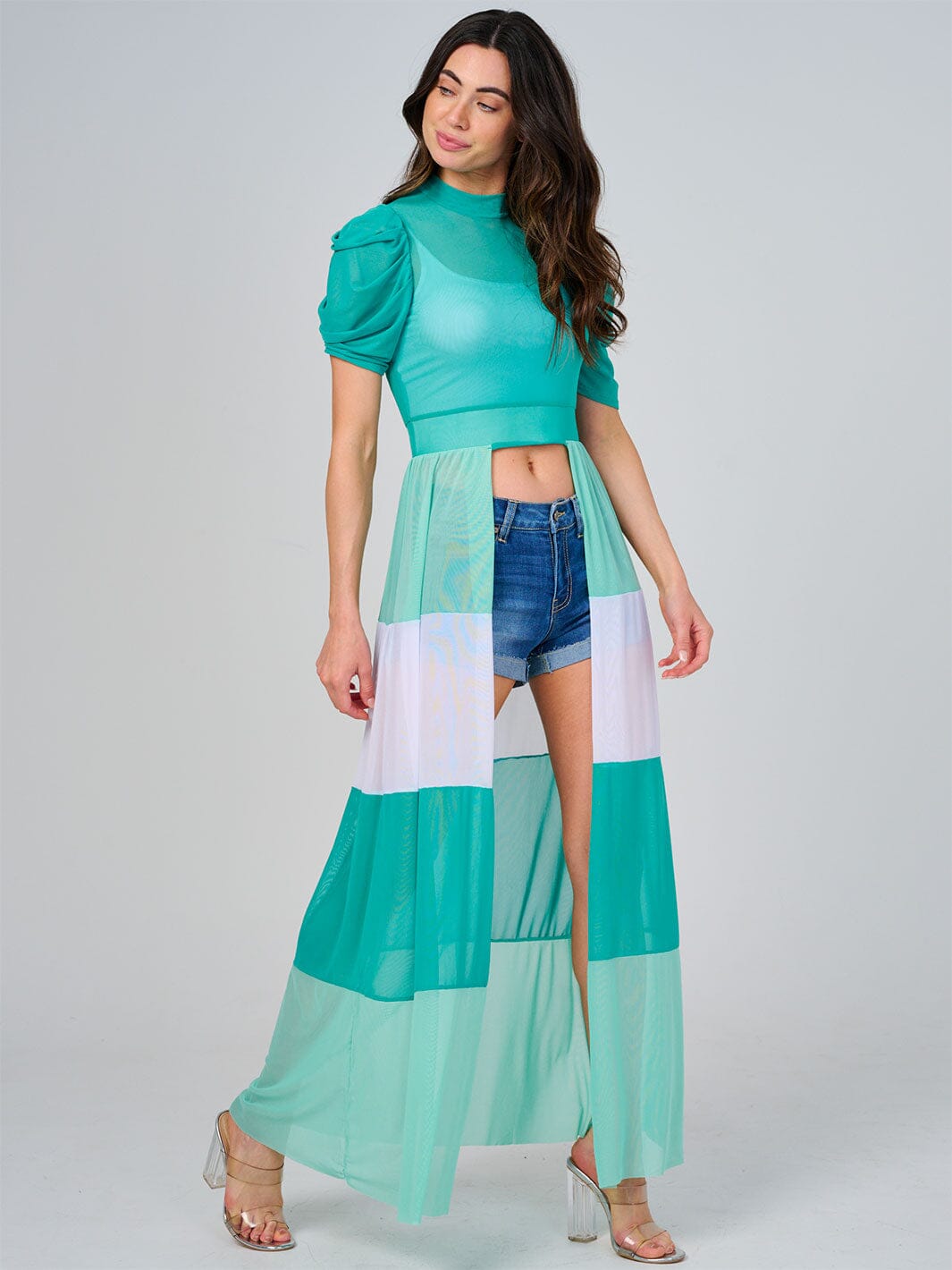 WOMEN'S SHORT SLEEVE COLORBLOCK HIGH-LOW SHEER TOP