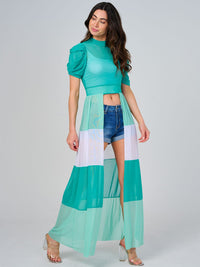 WOMEN'S SHORT SLEEVE COLORBLOCK HIGH-LOW SHEER TOP
