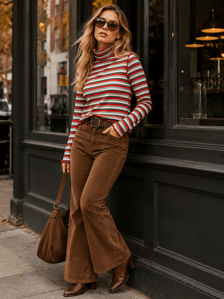 WOMEN'S LONG SLEEVE TURTLE NECK COLORBLOCK STRIPES TOP
