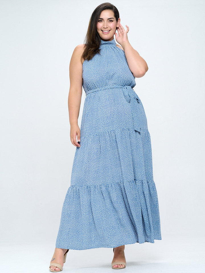 PLUS SIZE SLEEVELESS HALTER NECK ELASTIC WAIST POLKA DOTS MAXI DRESS