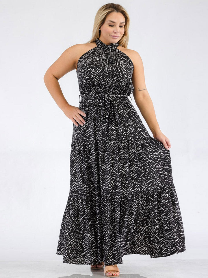 PLUS SIZE SLEEVELESS HALTER NECK ELASTIC WAIST POLKA DOTS MAXI DRESS