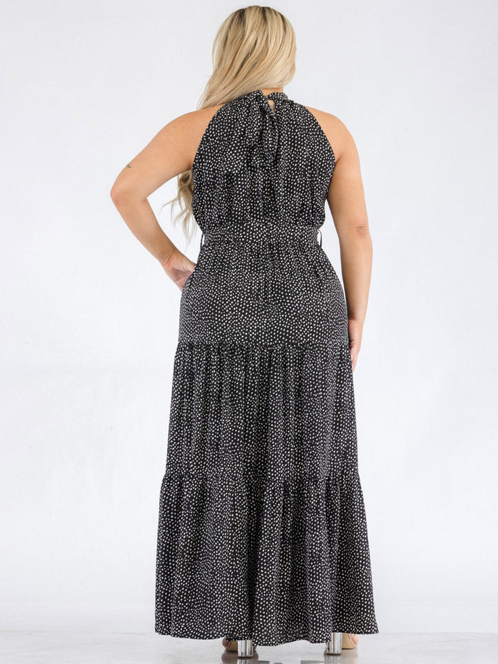 PLUS SIZE SLEEVELESS HALTER NECK ELASTIC WAIST POLKA DOTS MAXI DRESS