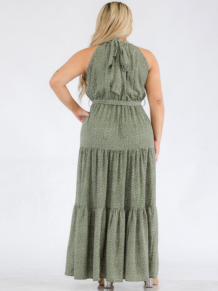 PLUS SIZE SLEEVELESS HALTER NECK ELASTIC WAIST POLKA DOTS MAXI DRESS