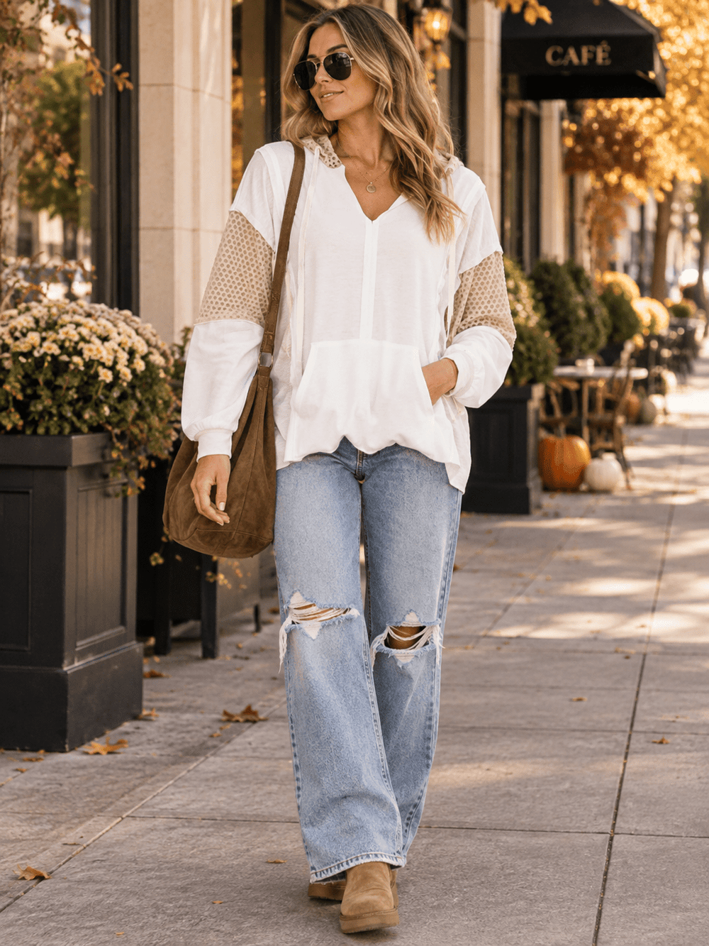 WOMEN'S LONG SLEEVE V-NECK FRONT POCKET HOODED PULLOVER SWEATER