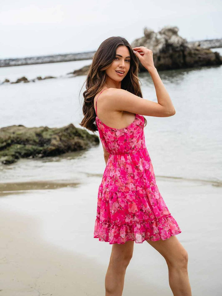 WOMEN'S SLEEVELESS RUFFLE TIERED FLORAL MINI DRESS
