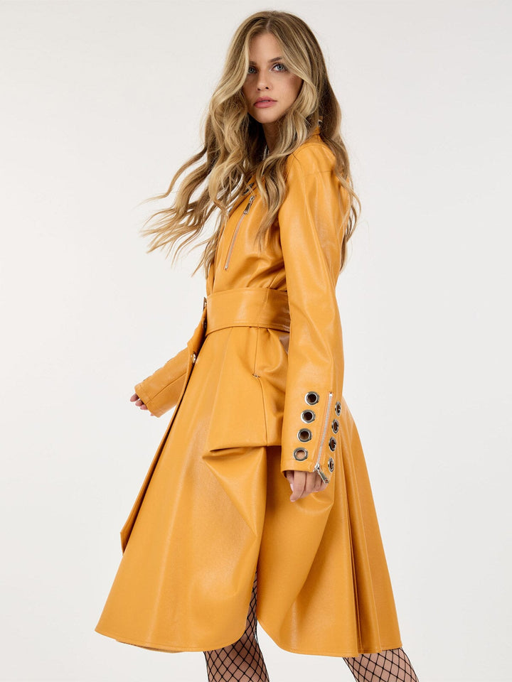 WOMEN'S LONG SLEEVE BUTTON CLOSURE BELTED PU PLEATHER COAT