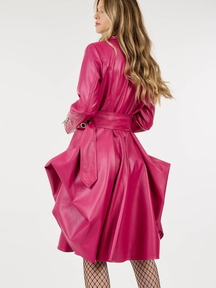 WOMEN'S LONG SLEEVE BUTTON CLOSURE BELTED PU PLEATHER COAT