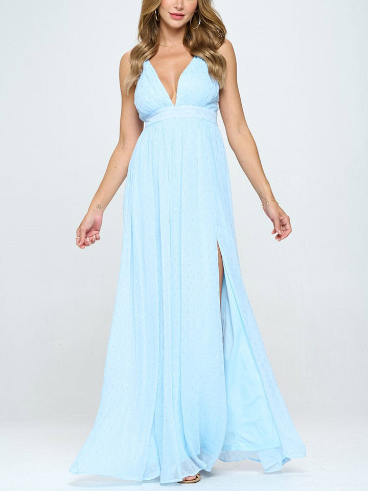 WOMEN'S SLEEVELESS V-NECK FRONT SLIT SHIMMER DETAILED MAXI DRESS